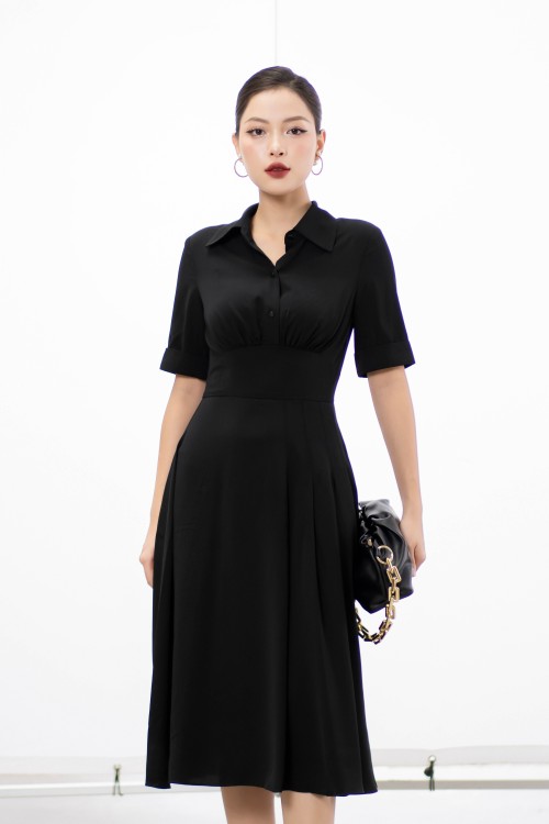 Sixdo Black Short Sleeves Midi Woven Dress